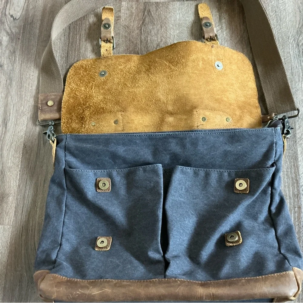 Messenger Bag VASCHY Brown Leather Denim Canvas Computer Pockets Crossbody Tote